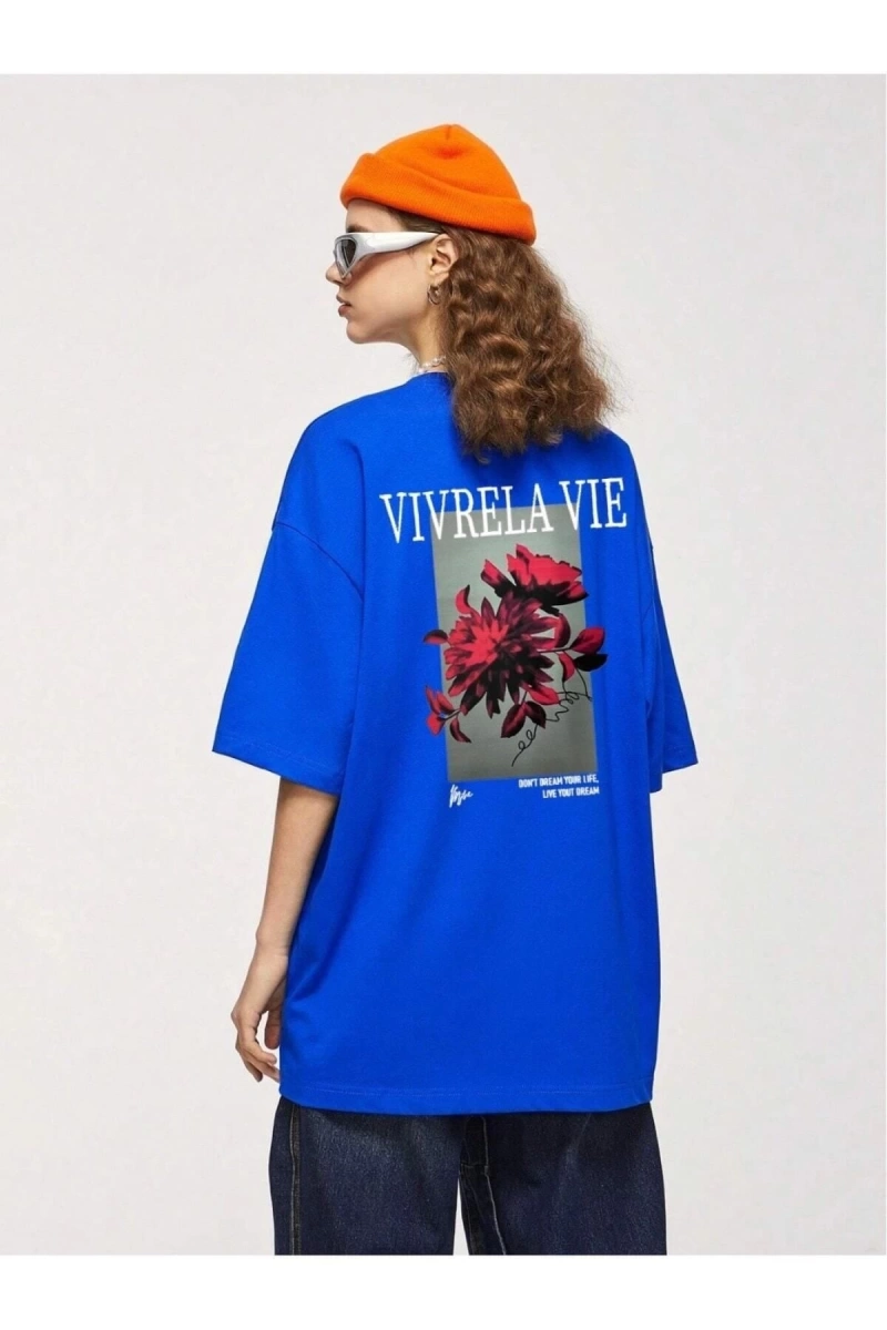 Unisex Mavi Vivre La Vie Baskılı Oversize Bisiklet Yaka Penye Tişört