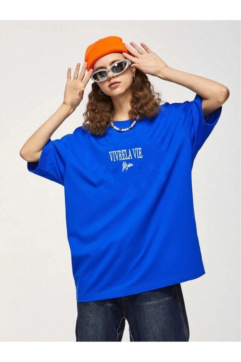 Unisex Mavi Vivre La Vie Baskılı Oversize Bisiklet Yaka Penye Tişört