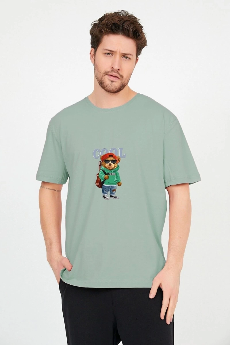 Unisex Mint Önü Cool Ayıcık Baskılı Bol Kesim Oversize Pamuklu Tshirt