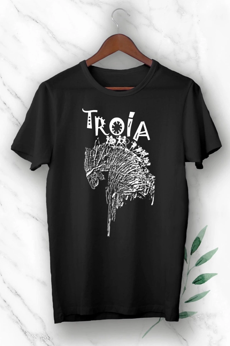 Unisex Mitoloji Truva Atı Baskılı Siyah T-Shirt