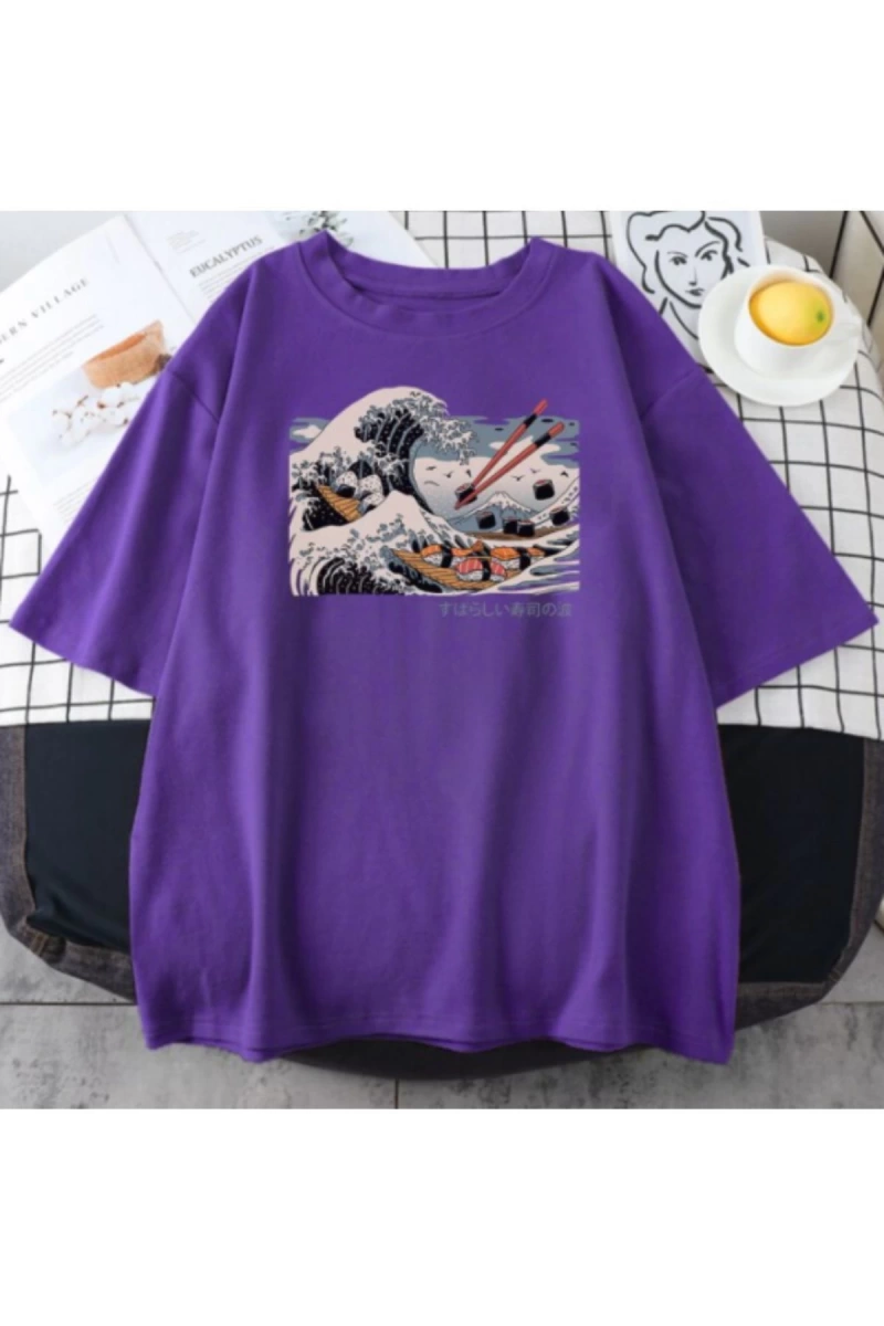 Unisex Mor Japon Dalga Baskılı Oversize Bisiklet Yaka T-shirt