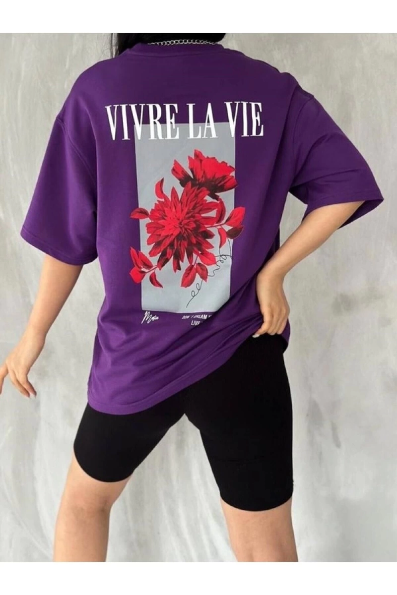 Unisex Mor Vivre La Vie Baskılı Oversize Bisiklet Yaka Penye Tişört