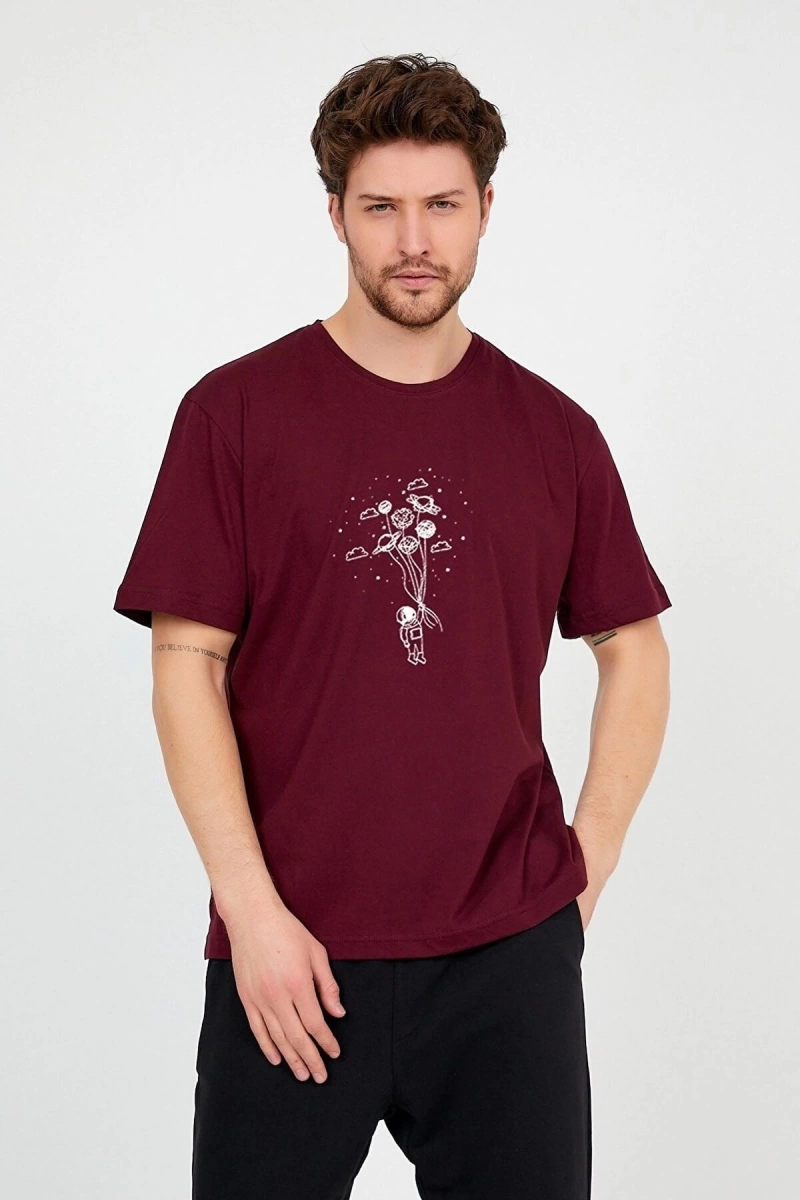 Unisex Mürdüm Bordo Önü Uçan Balon Baskılı Bol Kesim Oversize Pamuklu Tshirt