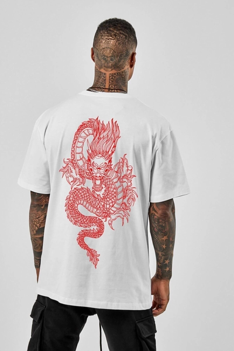 Unisex Oversize Dragon Baskılı Beyaz Tshirt