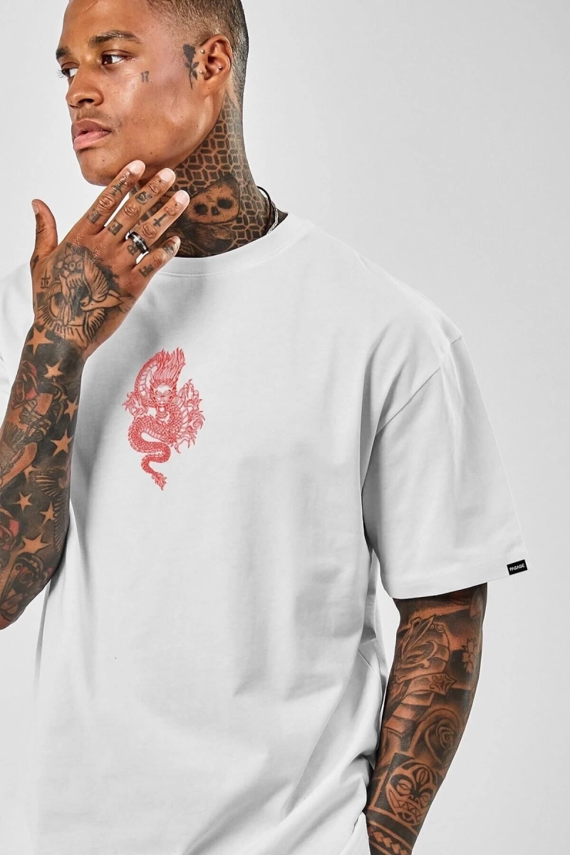 Unisex Oversize Dragon Baskılı Beyaz Tshirt