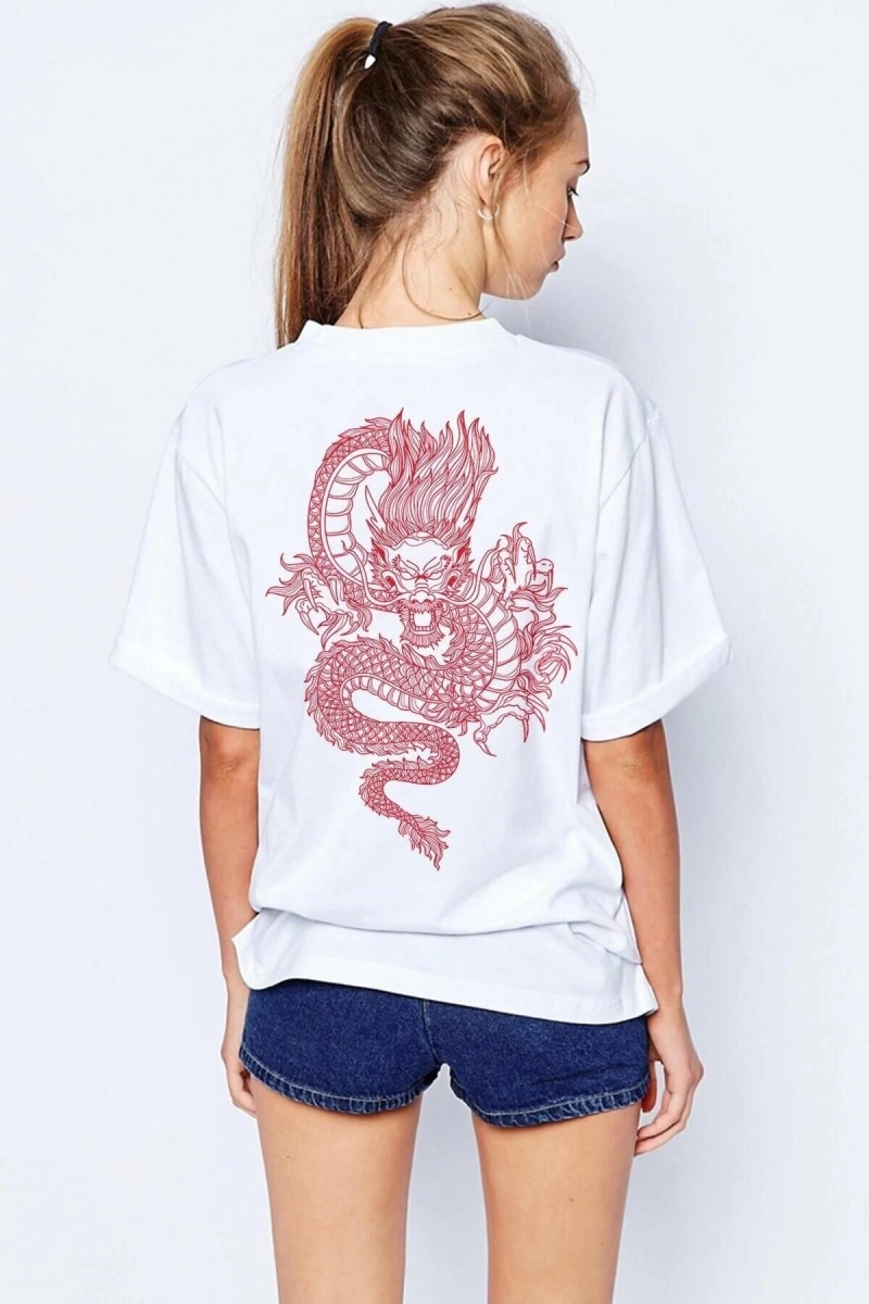Unisex Oversize Dragon Baskılı Beyaz Tshirt