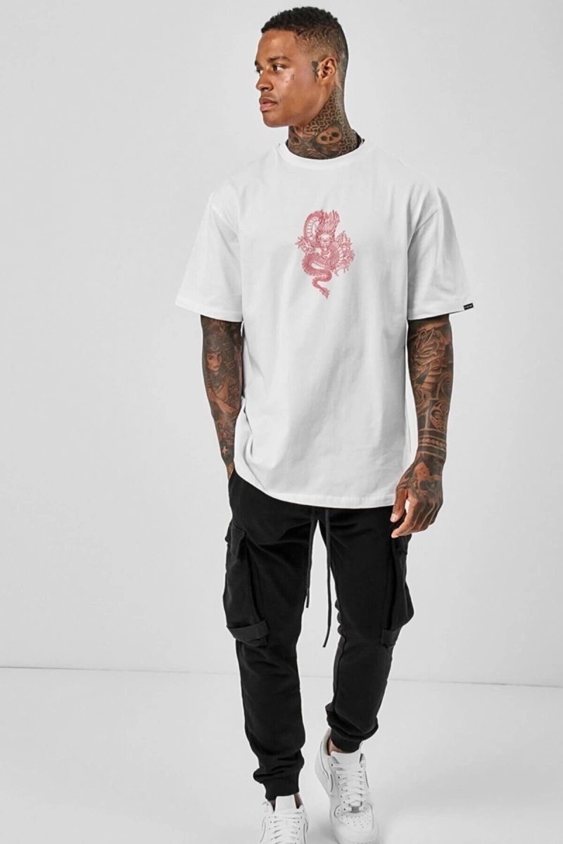 Unisex Oversize Dragon Baskılı Beyaz Tshirt