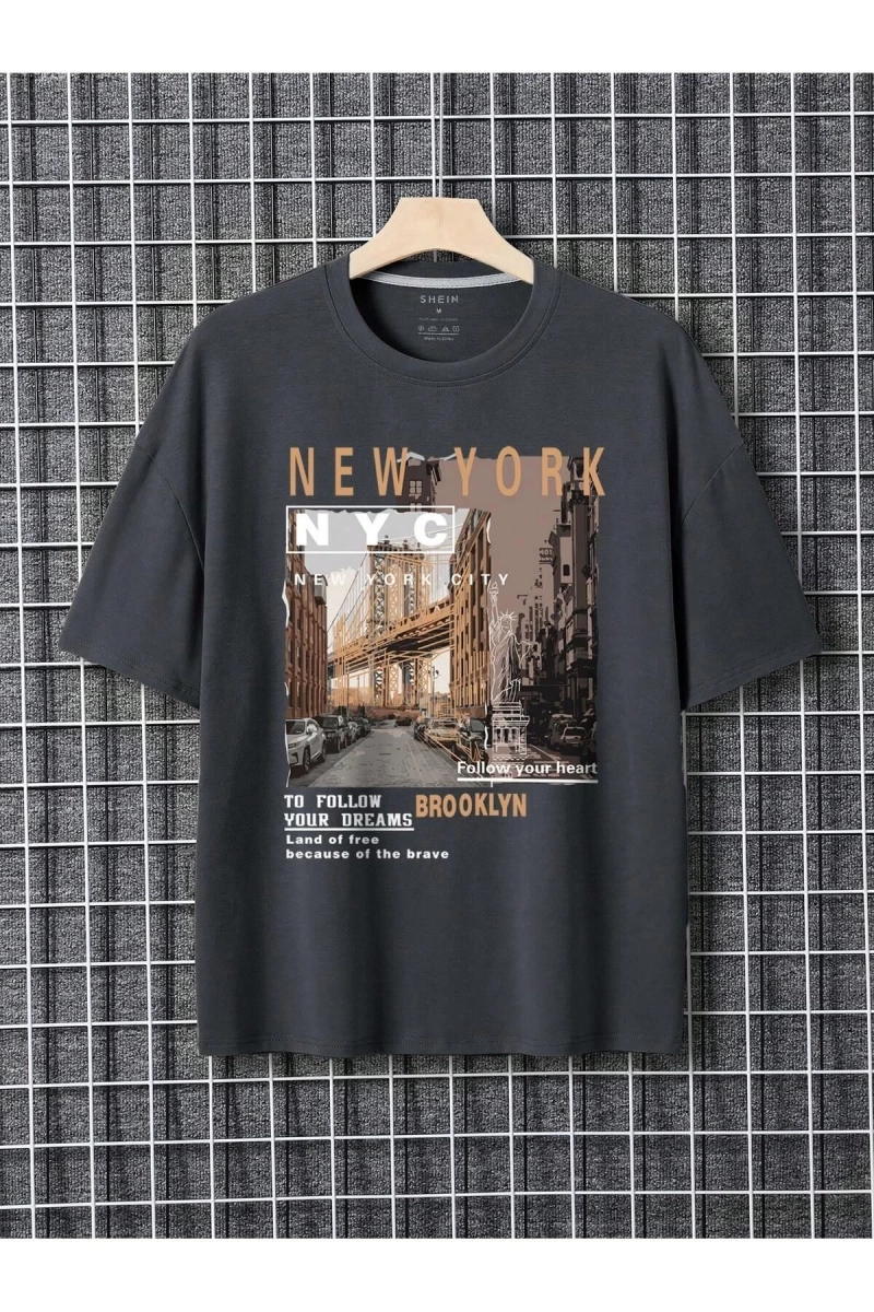 Unisex Oversize Kalıp Bina Ve Slogan Grafiği Düşük Omuz Harajuku Style
