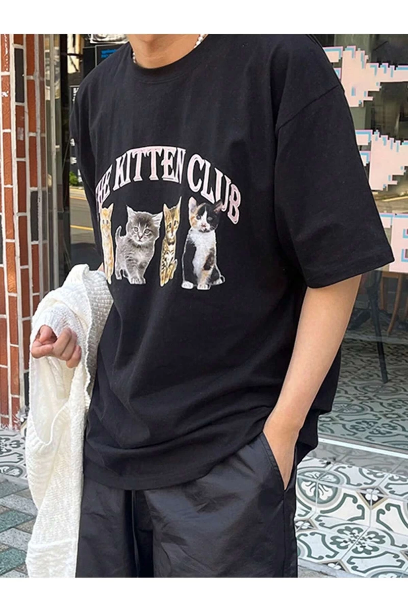 Unisex Oversize Kalıp Kedi & Harf Grafikli Harajuku Style