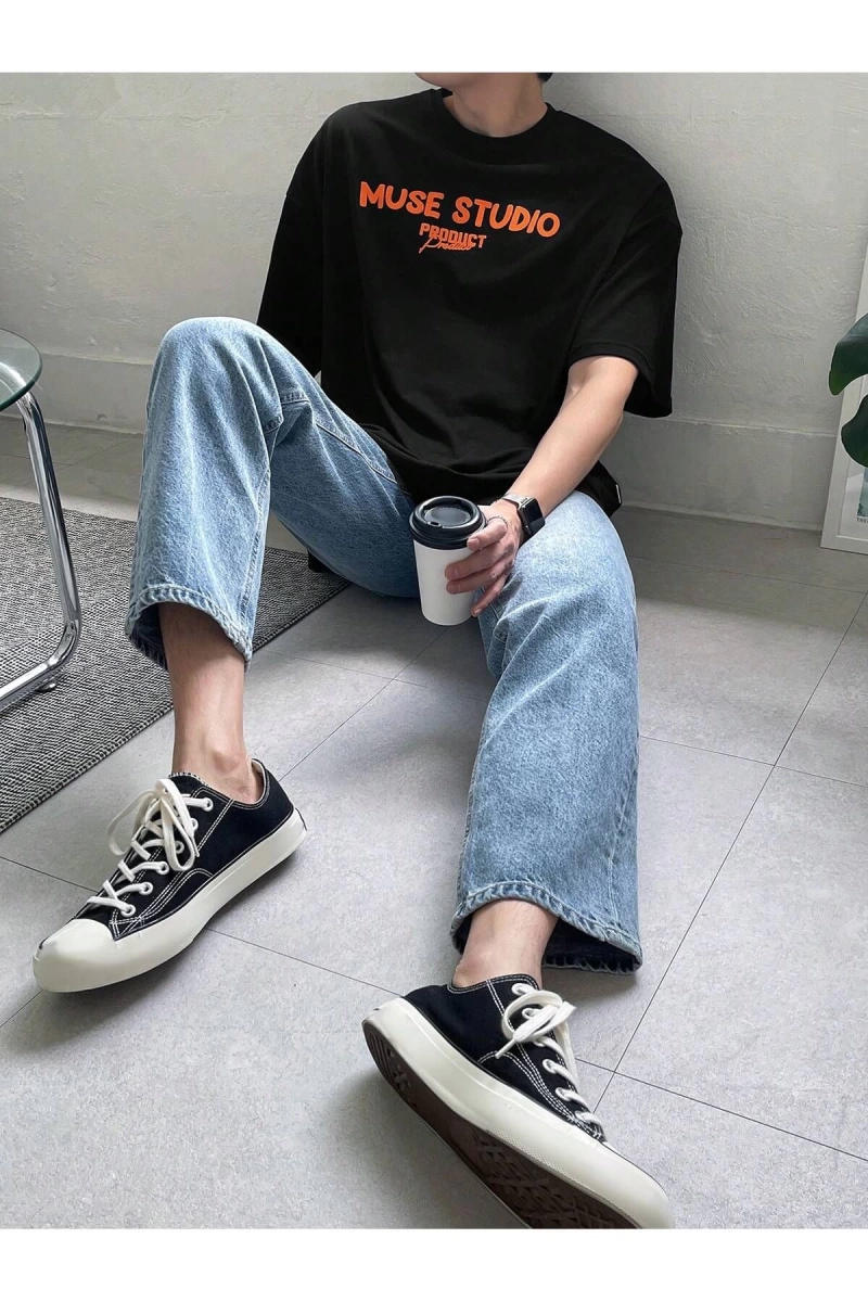 Unisex Oversize Kalıp Pamuk Harfli Grafik Damla Omuz Harajuku Style