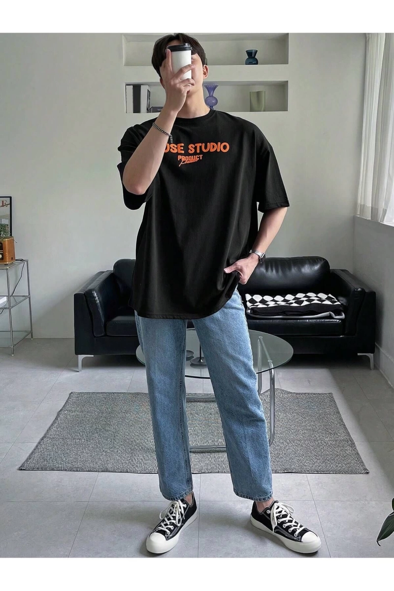 Unisex Oversize Kalıp Pamuk Harfli Grafik Damla Omuz Harajuku Style