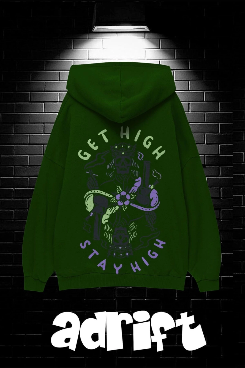 Unisex Oversize Kapüşonlu Kanguru Cepli Get High Stay High Baskılı Sweatshirt Hoodie