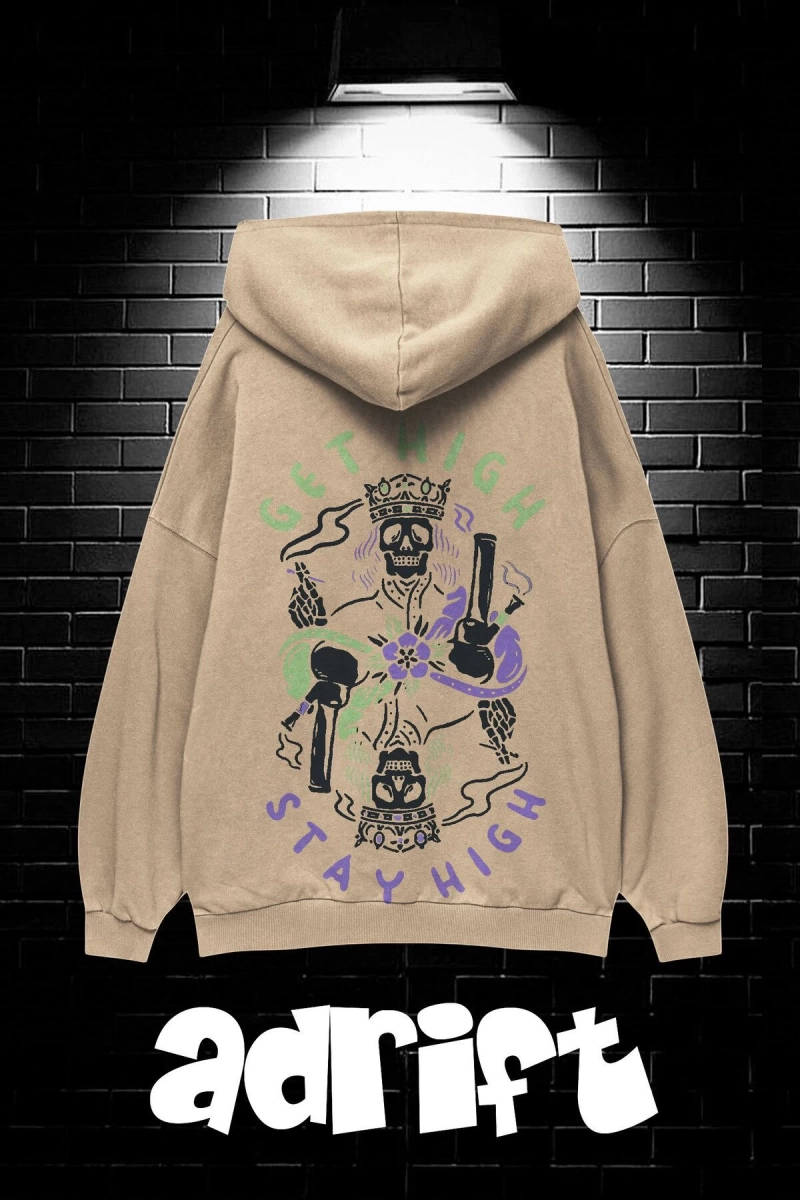 Unisex Oversize Kapüşonlu Kanguru Cepli Get High Stay High Baskılı Sweatshirt Hoodie