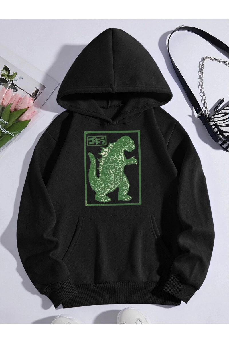 Unisex Oversize Kapüşonlu Kanguru Cepli Goodzila Baskılı