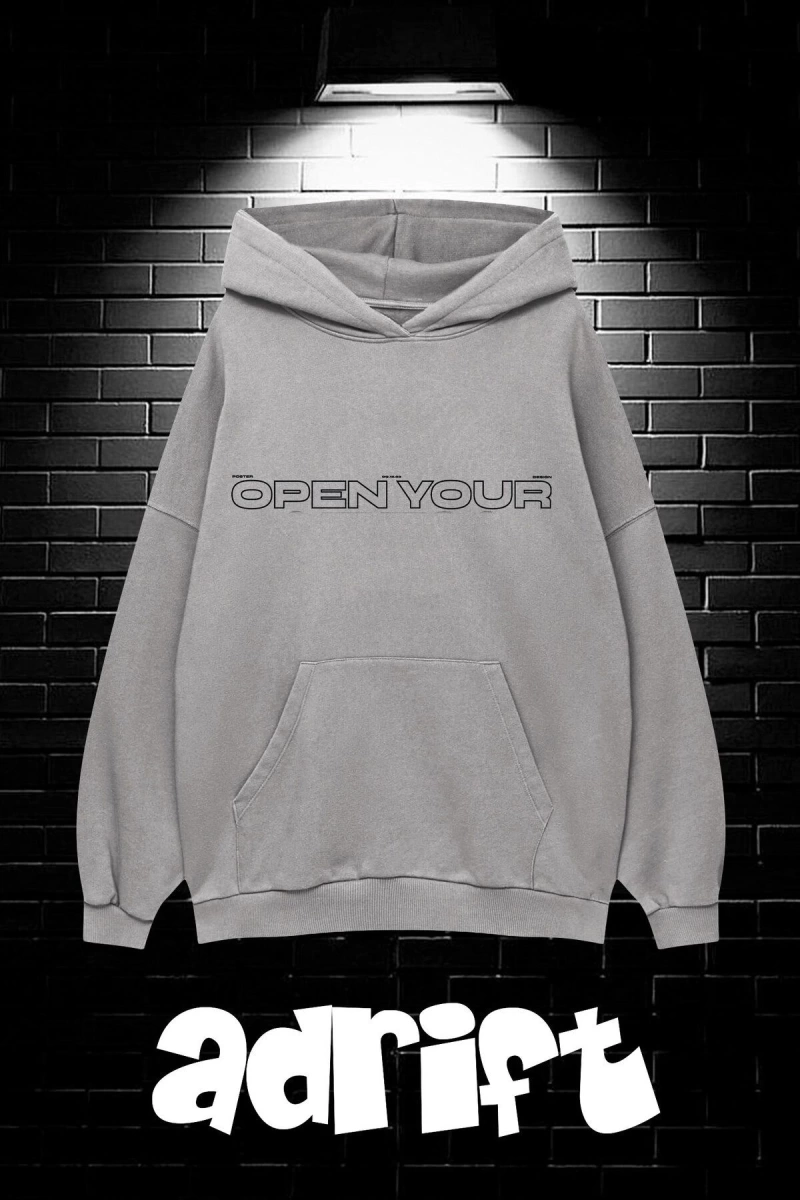Unisex Oversize Kapüşonlu Kanguru Cepli Open Your Baskılı Sweatshirt Hoodie