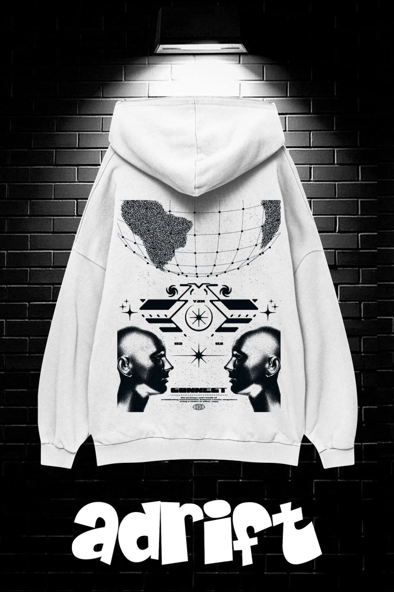 Unisex Oversize Kapüşonlu Kanguru Cepli Resro Futurısm Baskılı Sweatshirt Hoodie