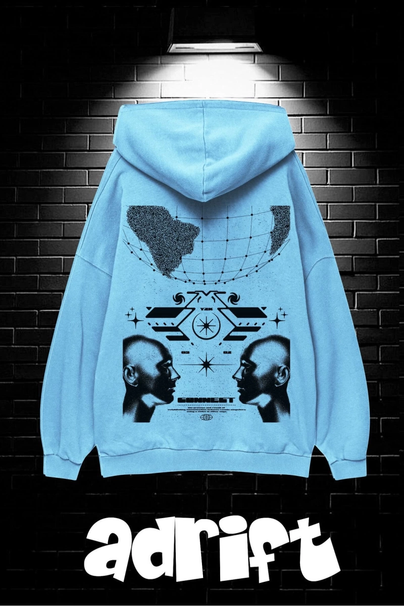 Unisex Oversize Kapüşonlu Kanguru Cepli Resro Futurısm Baskılı Sweatshirt Hoodie