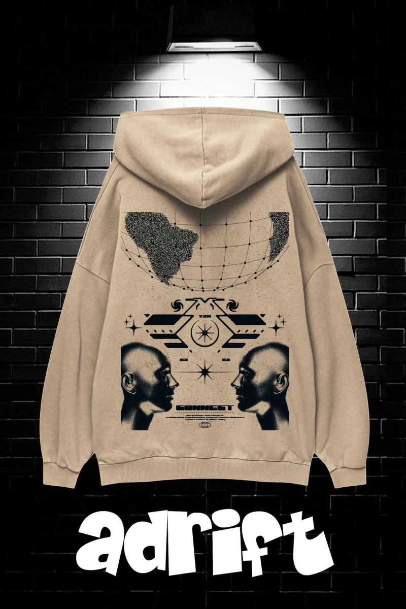 Unisex Oversize Kapüşonlu Kanguru Cepli Resro Futurısm Baskılı Sweatshirt Hoodie