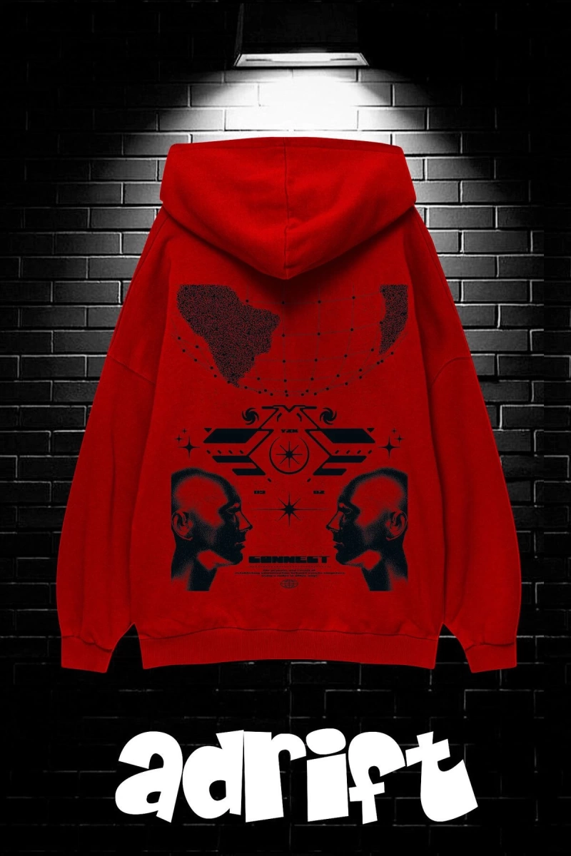 Unisex Oversize Kapüşonlu Kanguru Cepli Resro Futurısm Baskılı Sweatshirt Hoodie