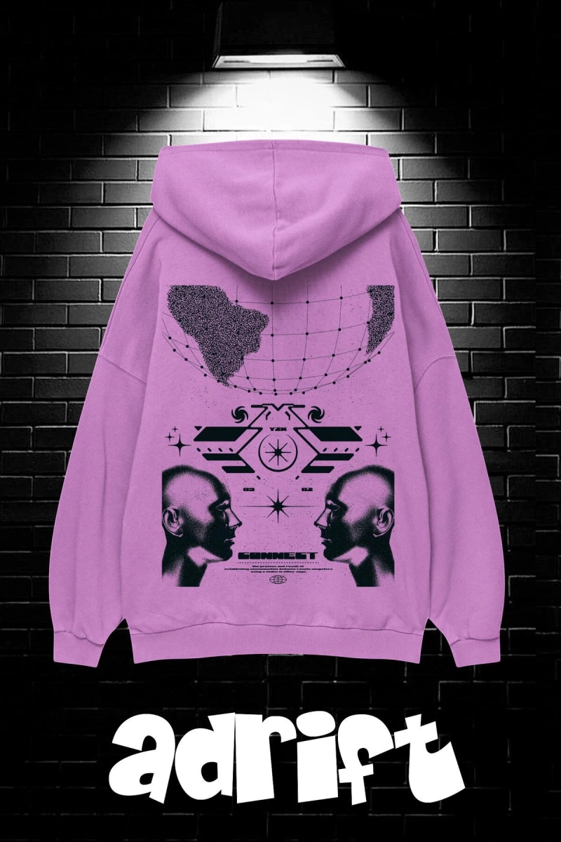Unisex Oversize Kapüşonlu Kanguru Cepli Resro Futurısm Baskılı Sweatshirt Hoodie