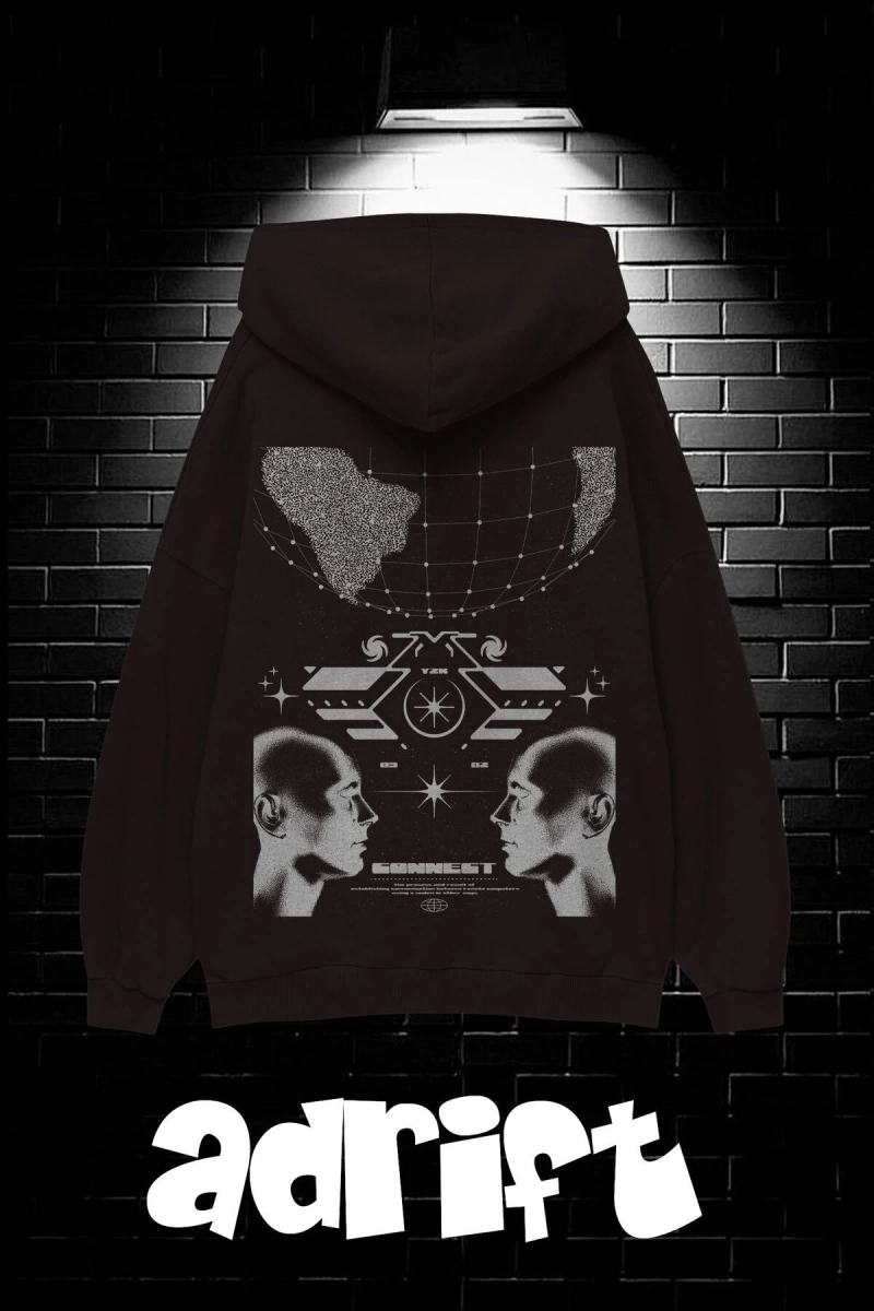 Unisex Oversize Kapüşonlu Kanguru Cepli Resro Futurısm Baskılı Sweatshirt Hoodie