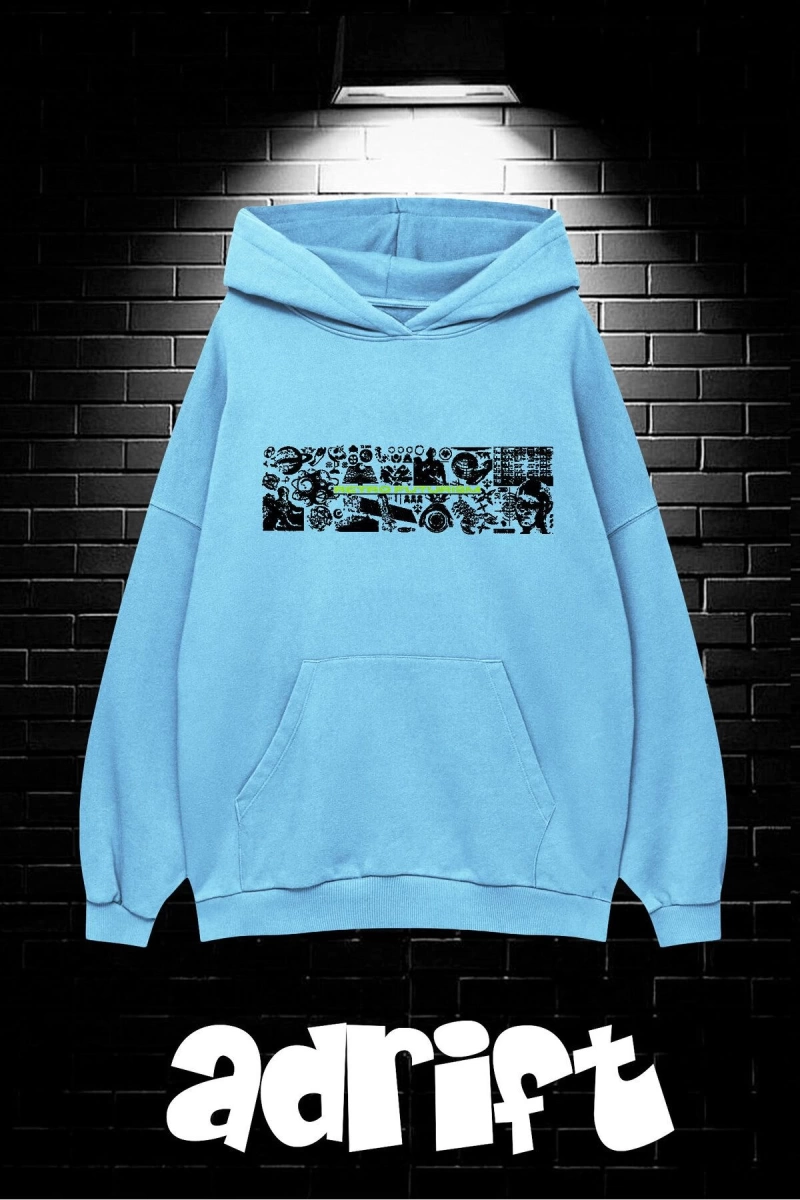 Unisex Oversize Kapüşonlu Kanguru Cepli Resro Futurısm Baskılı Sweatshirt Hoodie