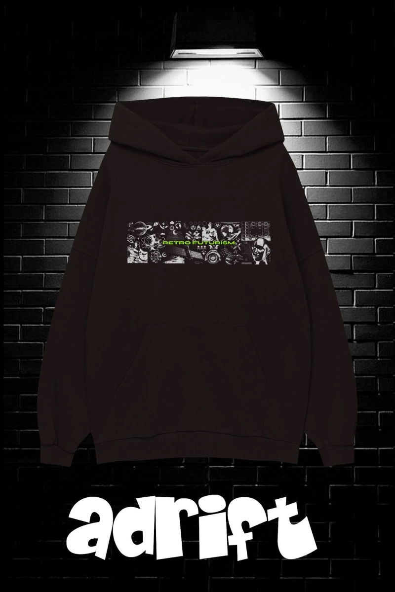 Unisex Oversize Kapüşonlu Kanguru Cepli Resro Futurısm Baskılı Sweatshirt Hoodie