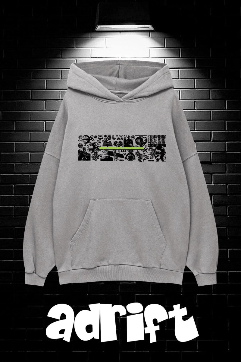 Unisex Oversize Kapüşonlu Kanguru Cepli Resro Futurısm Baskılı Sweatshirt Hoodie