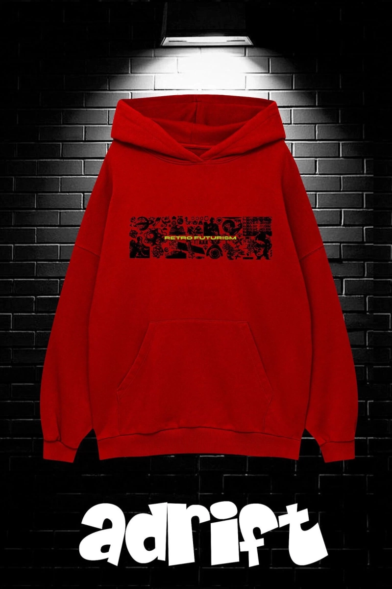 Unisex Oversize Kapüşonlu Kanguru Cepli Resro Futurısm Baskılı Sweatshirt Hoodie