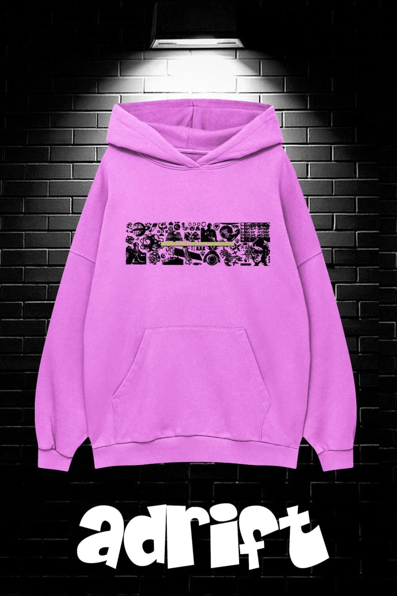 Unisex Oversize Kapüşonlu Kanguru Cepli Resro Futurısm Baskılı Sweatshirt Hoodie