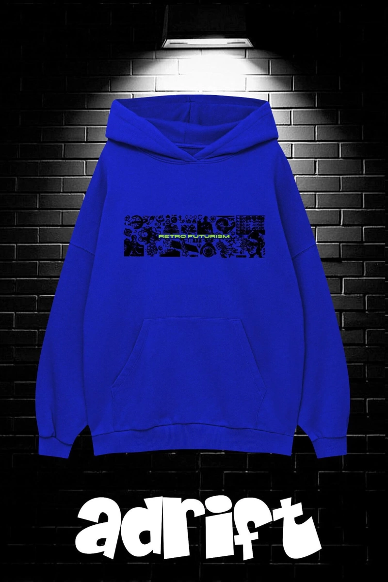Unisex Oversize Kapüşonlu Kanguru Cepli Resro Futurısm Baskılı Sweatshirt Hoodie
