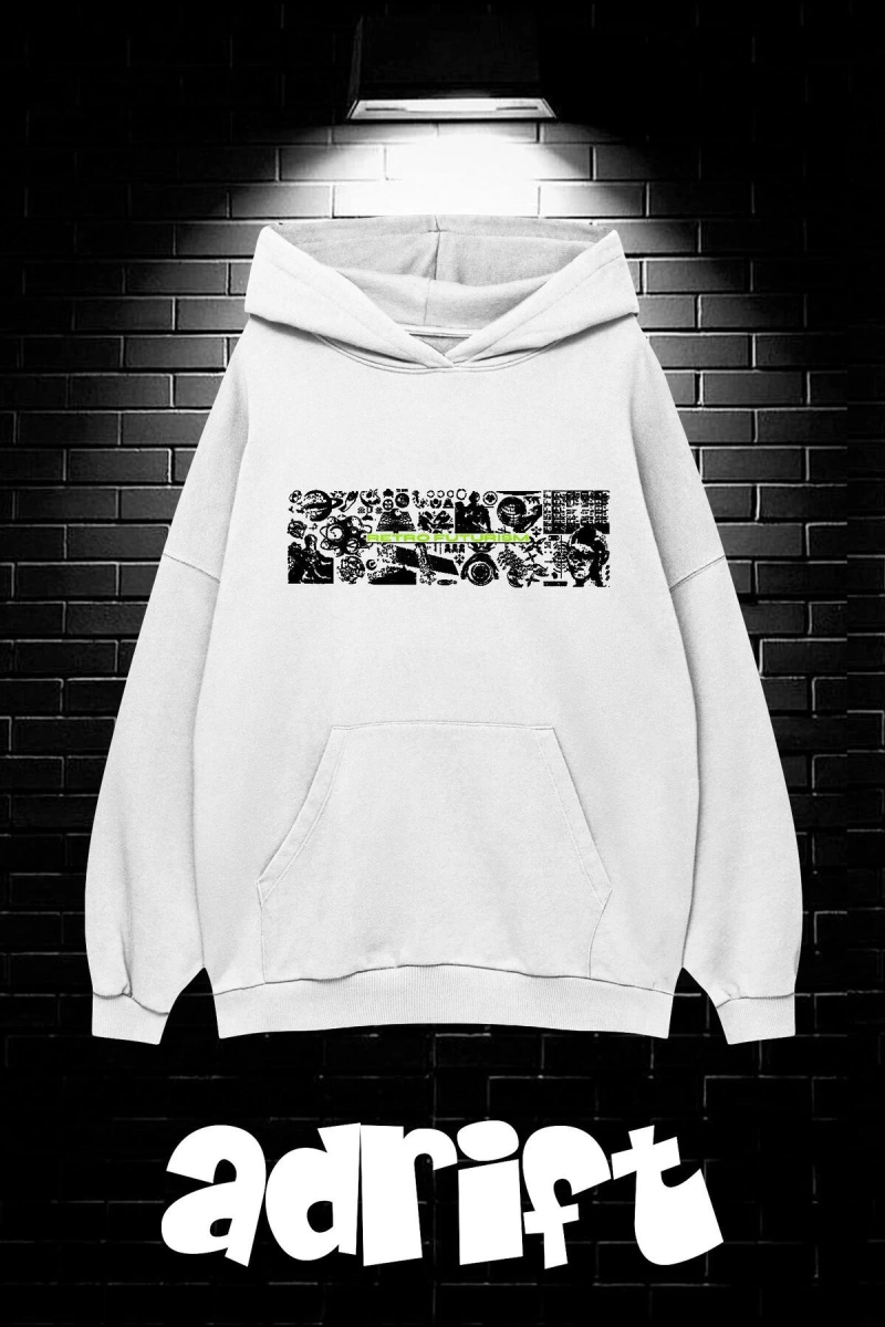 Unisex Oversize Kapüşonlu Kanguru Cepli Resro Futurısm Baskılı Sweatshirt Hoodie