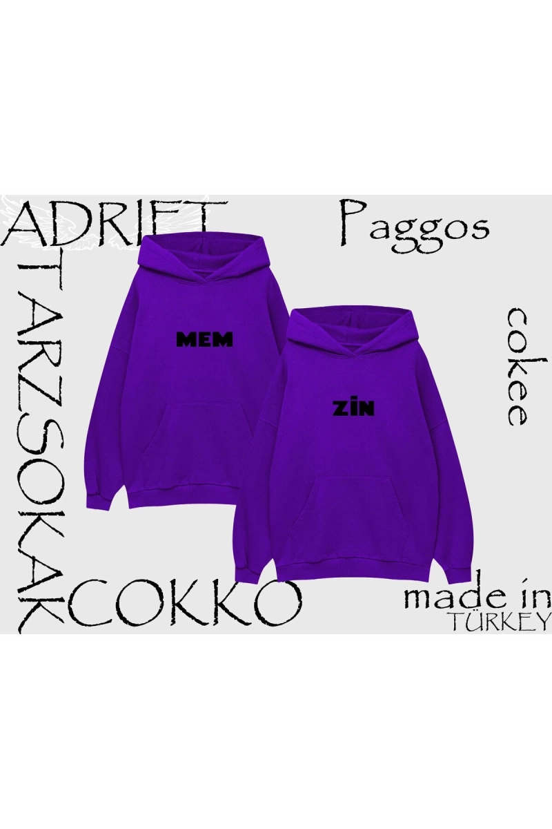 Unisex Oversize Kapüşonlu Kanguru Cepli Sevgili Mem ü Zin Baskılı