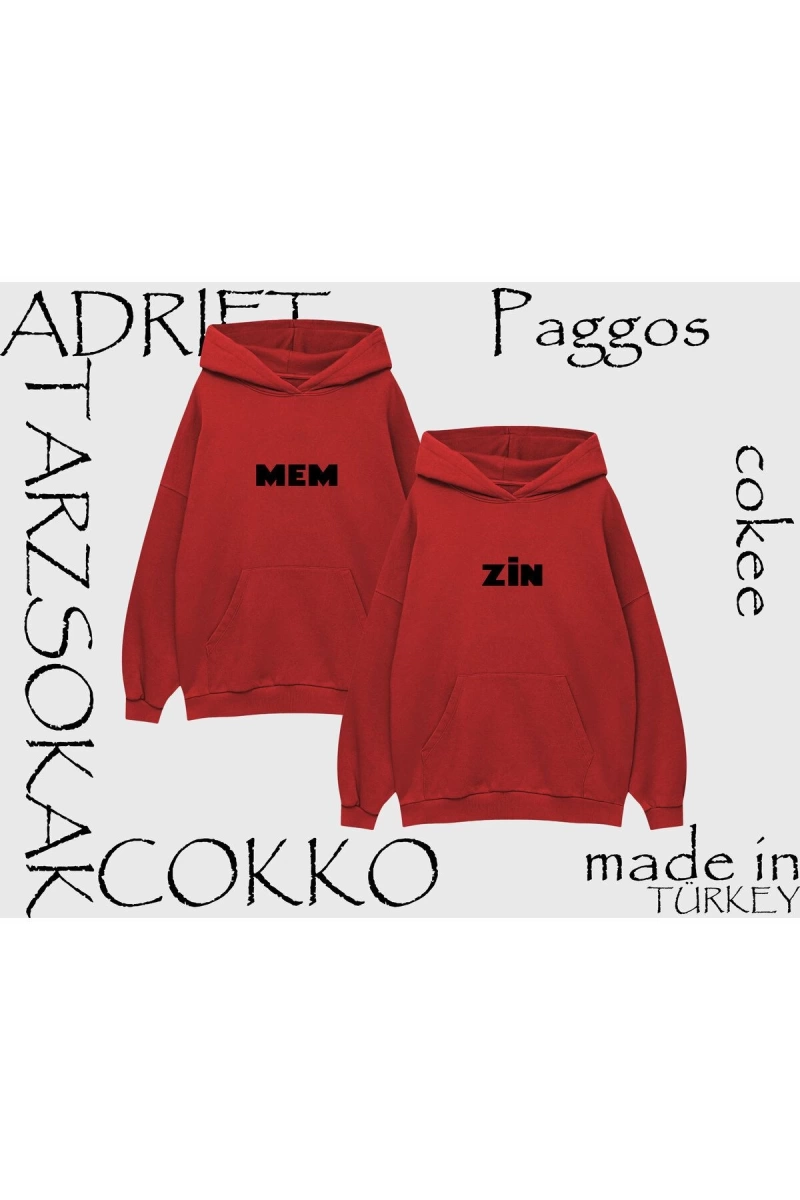Unisex Oversize Kapüşonlu Kanguru Cepli Sevgili Mem ü Zin Baskılı