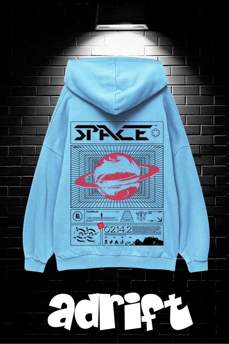 Unisex Oversize Kapüşonlu Kanguru Cepli Space Worldred Baskılı Sweatshirt Hoodie
