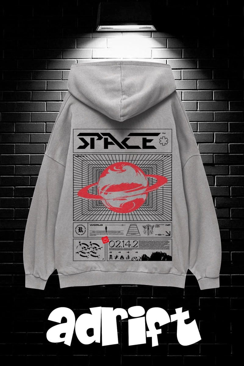 Unisex Oversize Kapüşonlu Kanguru Cepli Space Worldred Baskılı Sweatshirt Hoodie