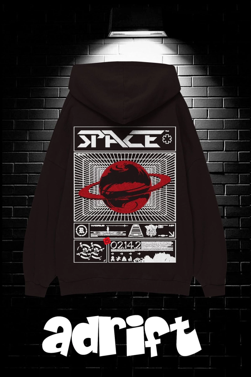 Unisex Oversize Kapüşonlu Kanguru Cepli Space Worldred Baskılı Sweatshirt Hoodie