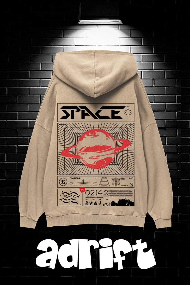Unisex Oversize Kapüşonlu Kanguru Cepli Space Worldred Baskılı Sweatshirt Hoodie