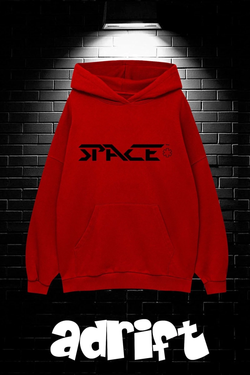 Unisex Oversize Kapüşonlu Kanguru Cepli Space Worldred Baskılı Sweatshirt Hoodie