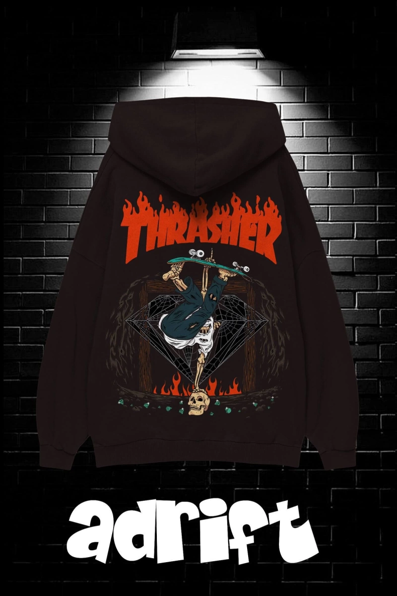 Unisex Oversize Kapüşonlu Kanguru Cepli Thrasher Baskılı Sweatshirt Hoodie