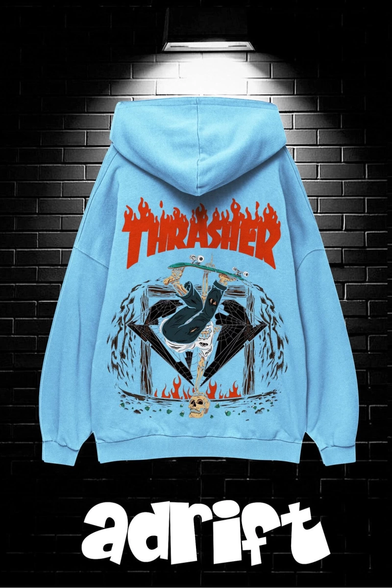 Unisex Oversize Kapüşonlu Kanguru Cepli Thrasher Baskılı Sweatshirt Hoodie