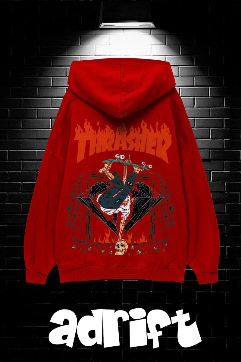Unisex Oversize Kapüşonlu Kanguru Cepli Thrasher Baskılı Sweatshirt Hoodie