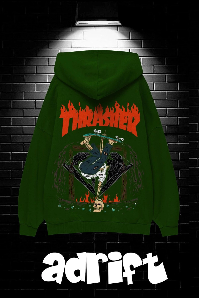 Unisex Oversize Kapüşonlu Kanguru Cepli Thrasher Baskılı Sweatshirt Hoodie
