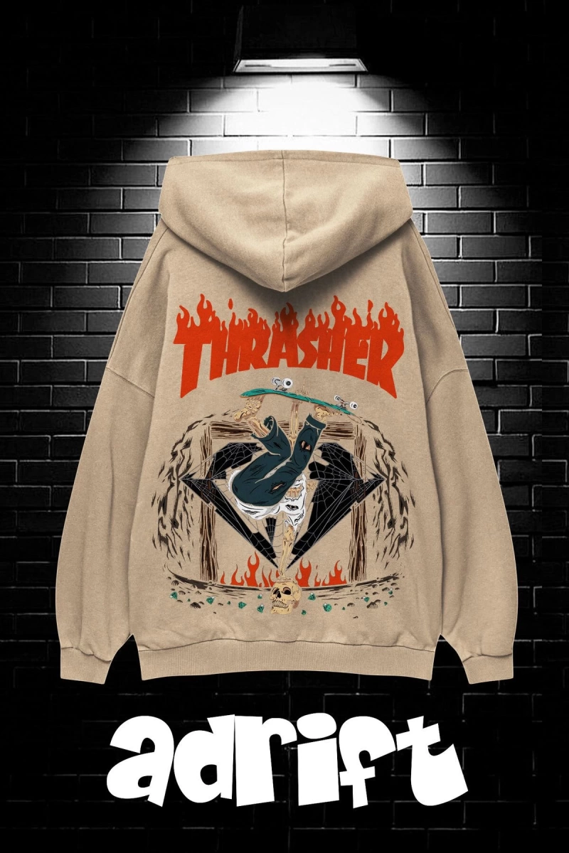 Unisex Oversize Kapüşonlu Kanguru Cepli Thrasher Baskılı Sweatshirt Hoodie