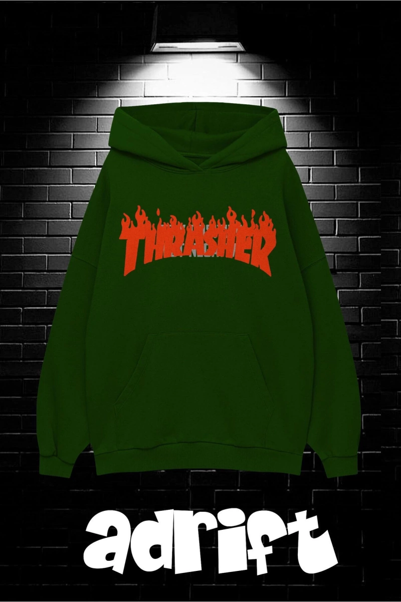 Unisex Oversize Kapüşonlu Kanguru Cepli Thrasher Baskılı Sweatshirt Hoodie