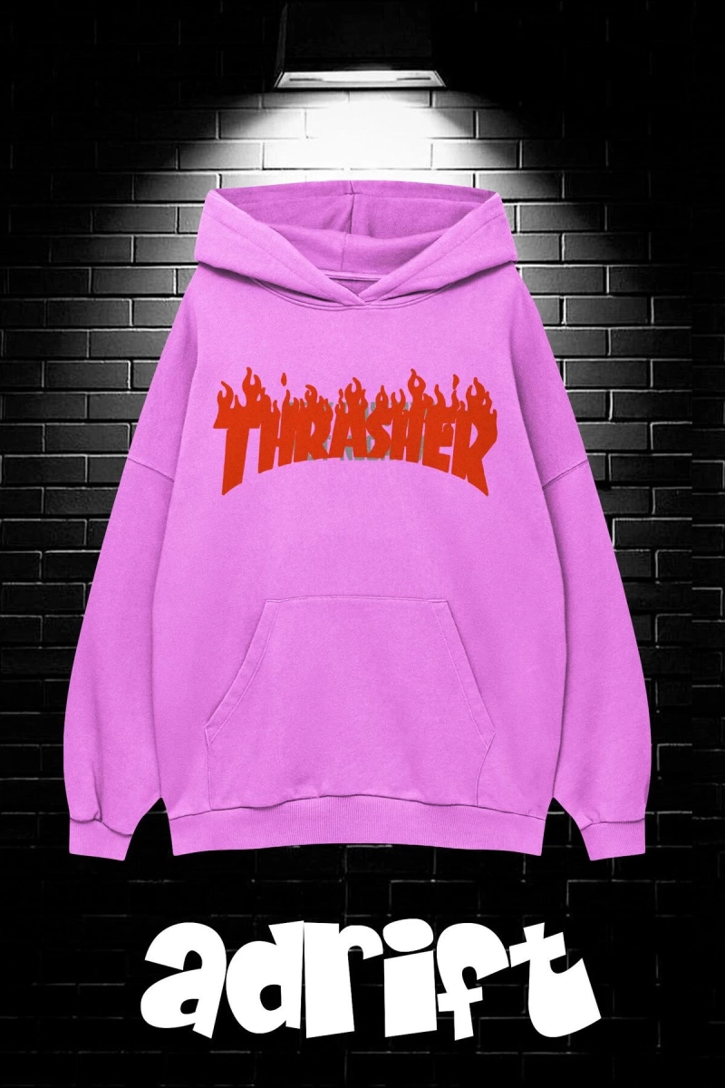 Unisex Oversize Kapüşonlu Kanguru Cepli Thrasher Baskılı Sweatshirt Hoodie
