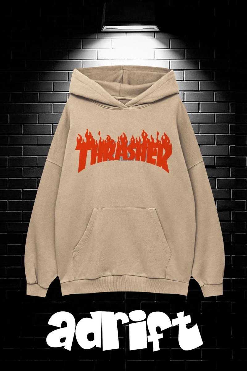 Unisex Oversize Kapüşonlu Kanguru Cepli Thrasher Baskılı Sweatshirt Hoodie