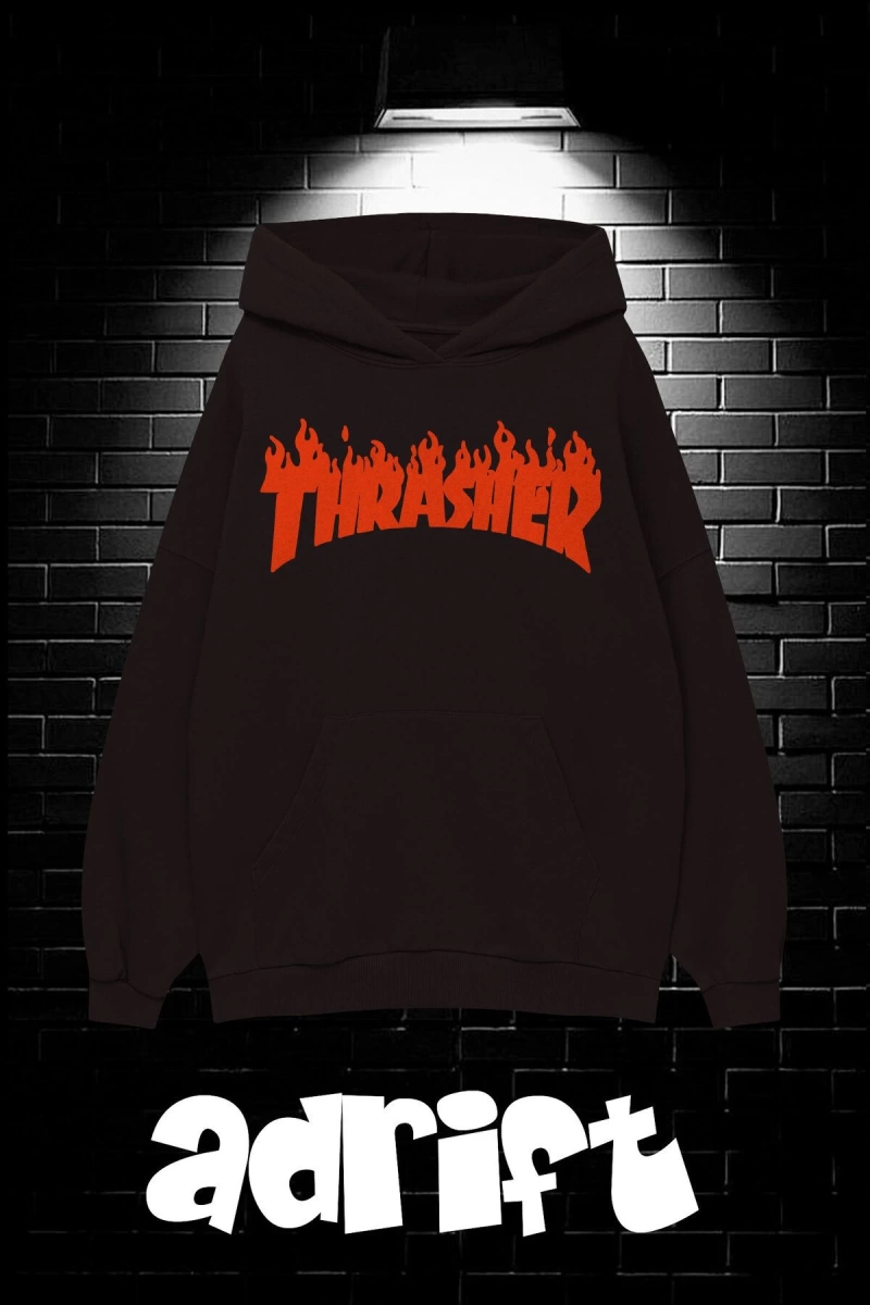 Unisex Oversize Kapüşonlu Kanguru Cepli Thrasher Baskılı Sweatshirt Hoodie