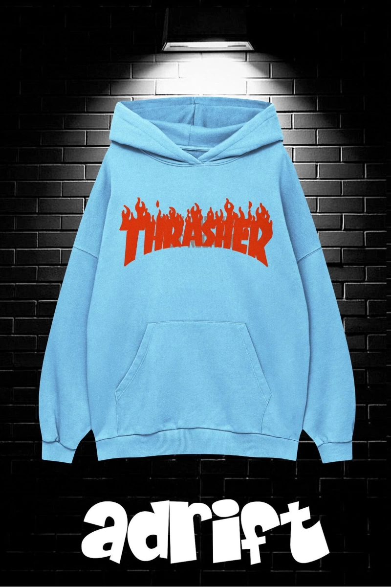 Unisex Oversize Kapüşonlu Kanguru Cepli Thrasher Baskılı Sweatshirt Hoodie