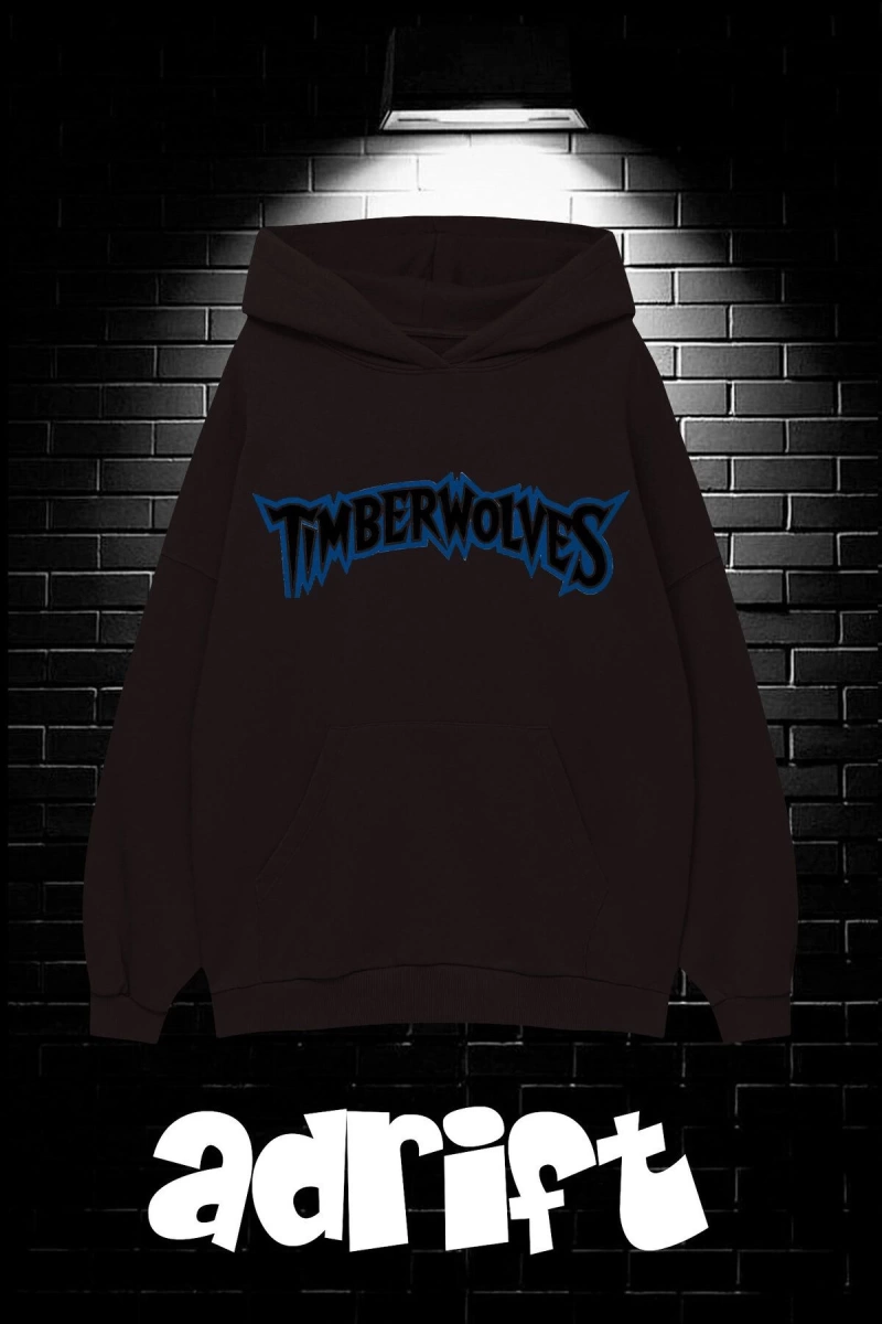 Unisex Oversize Kapüşonlu Kanguru Cepli Timberwolves Baskılı Sweatshirt Hoodie